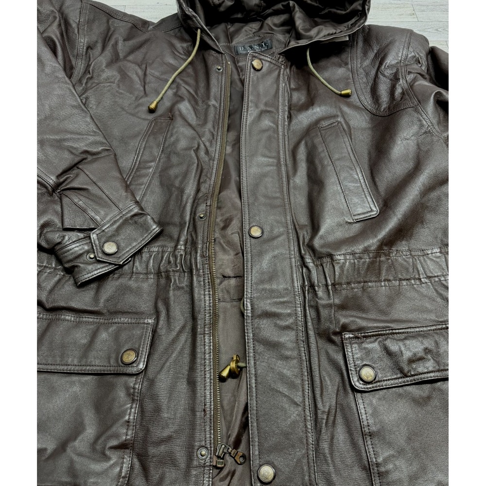 Vintage 90s DANY 100% Leather Brown Hooded Full Zip Jacket Coat Womens XL XLARGE